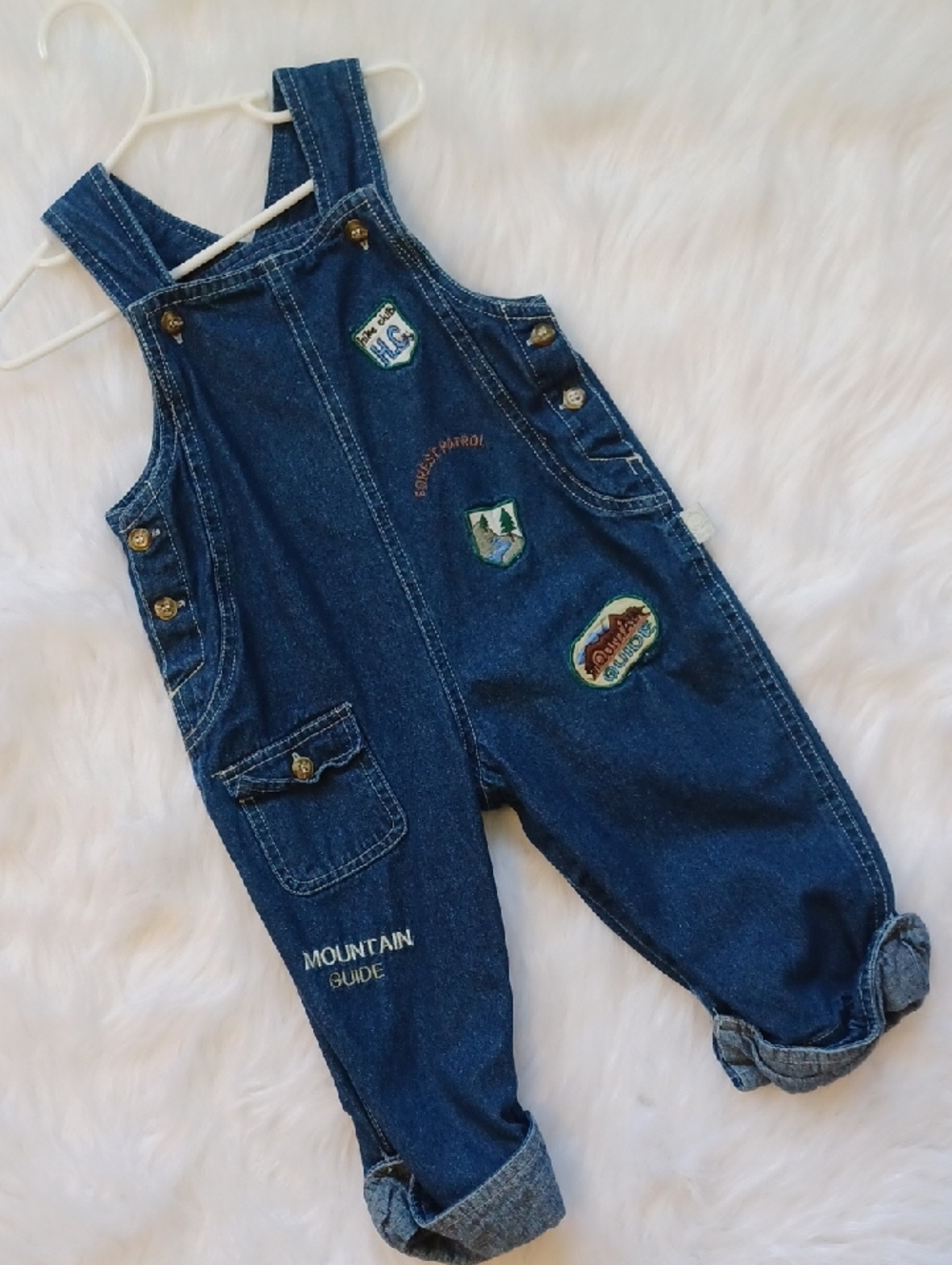 Baby Overalls. Boy 12m. Embeoidered Mountain Guid Patches.